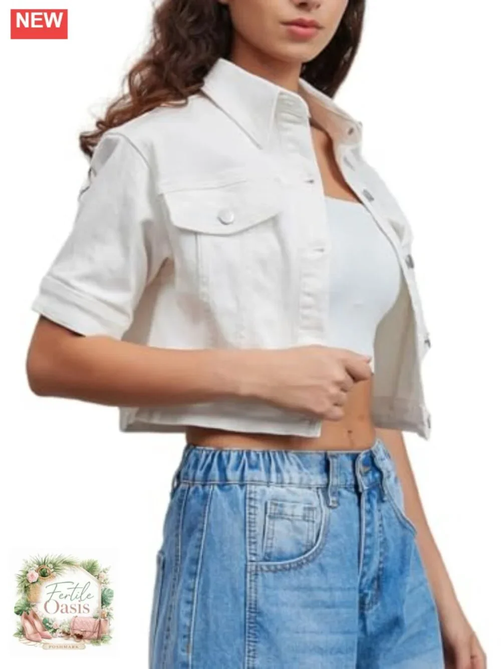 Women Cropped Denim Jacket Short Sleeve Button Down Trucker Jean Coat